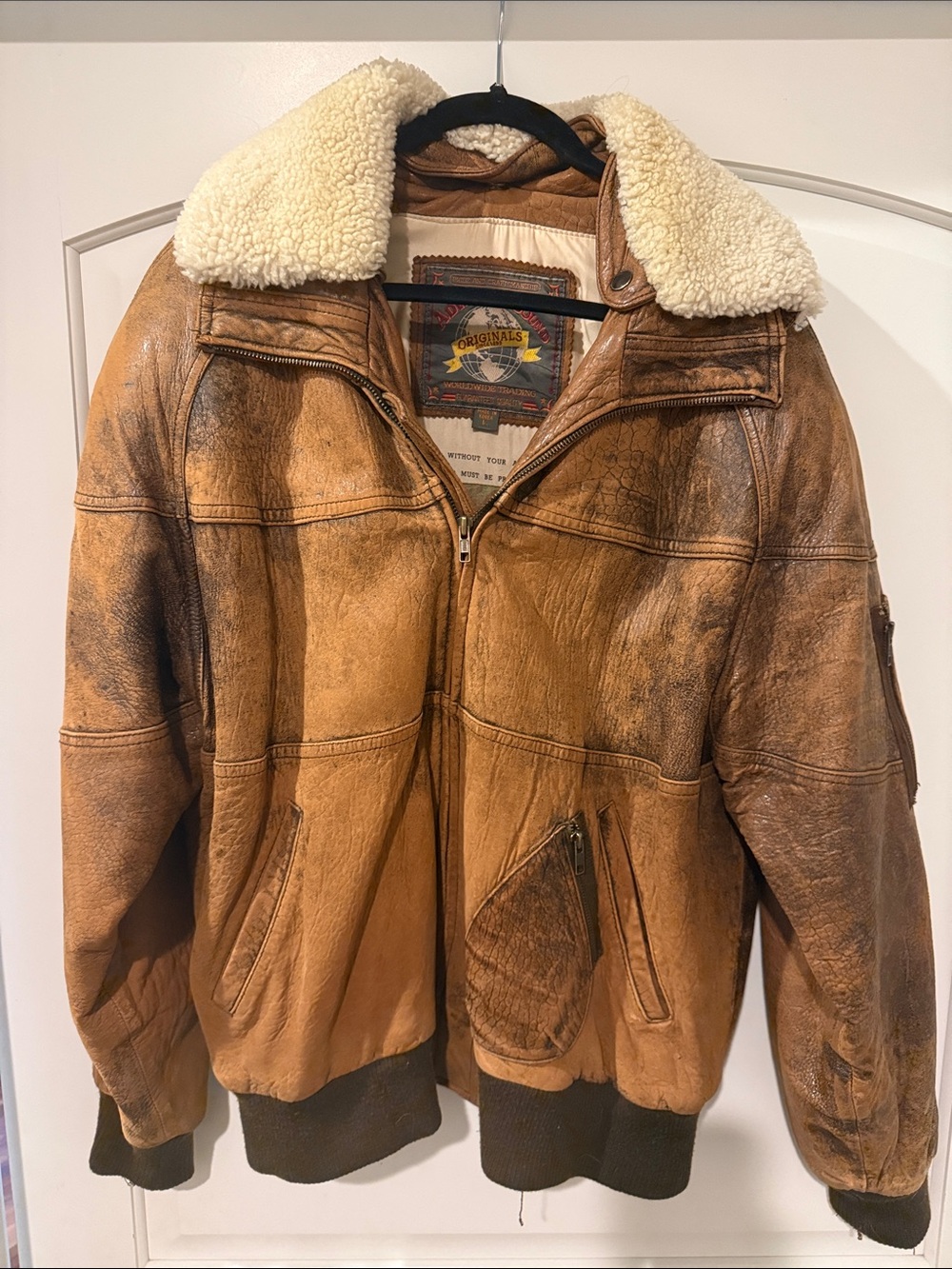 Adventure Bound vintage Shearling-Collar Brown Leather Bomber Jacket